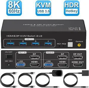 USB 3.0 HDMI+Displayport KVM Switch Dual Monitor, 8K@60Hz 2K@120Hz USB HDMI DP Extended Display Switcher for 2 Computers 2 Monitors and 4 USB 3.0 Ports, EDID Support Extended & Duplicate Mode