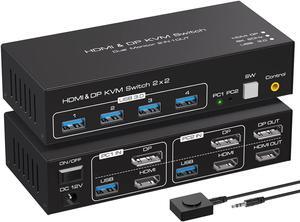 KVM Switch 2 Monitors 2 Computers, 8K@60Hz Dual Monitor DisplayPort HDMI KVM Switch 2 Port for Extended & Duplicate Mode and USB3.0 Hub with Cable and Desktop Controller