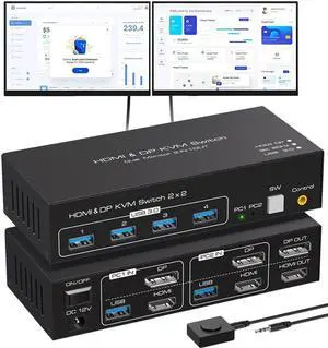 8K DisplayPort + HDMI KVM Switch 2 Monitors 2 Computers, 8K@60Hz Support Extended & Duplicate Mode with 4 USB 3.0 Hub, 8K@60Hz HDMI DP KVM Switches,EDID Adaptive, Plug and Play