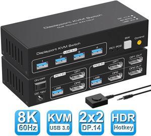 8K DisplayPort KVM Switch 2 Monitors 2 Computers, 8K@60Hz Support Extended & Duplicate Mode with 4 USB 3.0 Hub, 8K@60Hz DP KVM Switches,EDID Adaptive, Plug and Play
