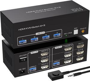 USB 3.0 HDMI KVM Switch Triple Monitor, 8K@60Hz 2K@120Hz USB HDMI Extended Display Switcher for 2 Computers 3 Monitors and 4 USB 3.0 Ports, EDID Support Extended & Duplicate Mode