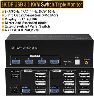3 Monitors 2 Computers 3 Displayport Monitors KVM Switch 8K@60Hz, EDID, Digital Display and Aluminum Shell, 4 X USB 3.0 Hub Support Extended & Duplicate Mode