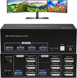 3 Port Displayport Triple Monitor KVM Switch DP1.4 Support 8K@60Hz, USB 3.0 Displayport KVM Switch 3 Monitors 2 Computers with Cables, Digital Display, Wired Remote