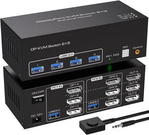 USB 3.0 Displayport KVM Switch Triple Monitor, 8K@60Hz 2K@120Hz USB DP Extended Display Switcher for 2 Computers 3 Monitors and 4 USB 3.0 Ports, EDID Support Extended & Duplicate Mode