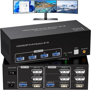 USB 3.0 HDMI+2 Displayport KVM Switch Triple Monitor, 8K@60Hz 2K@120Hz USB DP HDMI Extended Display Switcher for 2 Computers 3 Monitors and 4 USB 3.0 Ports Support Extended & Duplicate Mode