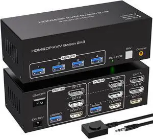 Displayport KVM Switch 3 Monitors 2 Computers, 8K@60Hz Triple Monitor DP KVM Switch 3 Port for Extended & Duplicate Mode and USB3.0 Hub with Cable and Desktop Controller
