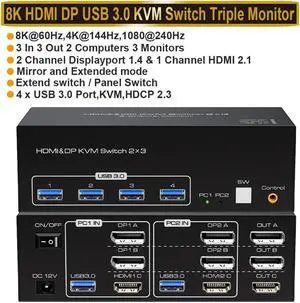 2DP+HDMI Triple Monitor KVM Switch DP1.4 HDMI2.1 Support 8K@60Hz, USB 3.0 Displayport KVM Switch 3 Monitors 2 Computers with Cables, Digital Display, Wired Remote