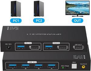 DP KVM Switch 1 Monitors 2 Computers Display Port DisplayPort 1.4 8K@60Hz 4K@120Hz Displayport kvm Switch 1 Monitor 2 Computer to Share 4 USB 3.0 Ports,Wired Controller and 2 Cables Included