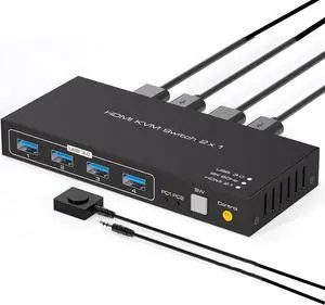 HDMI Monitor KVM Switch 2X1 HDMI 2.1 8K@60Hz 4K@120Hz, HDMI Extended Display KVM Switch for 2 Computers Share 1 Monitors and 4 USB 3.0 Ports,Wired Controller and 2 Cables Included