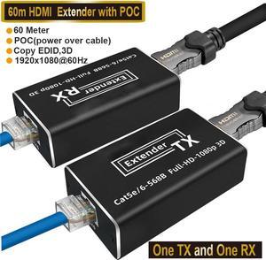 Jansicotek HDMI Extender 1080p@60Hz, 3D,POC, Over Single Cat5e/Cat6 Cable Full HD Uncompressed Transmit Up to 196 Ft(60m), (Transmitter and Receiver)