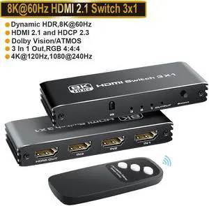 3 in 1 Out HDMI 2.1 Switch, Ultra HD 8K HDMI Switch Box with Remote Supports 4K@120Hz, 8K@60Hz Auto CEC 3D HDCP2.3, 3 Port HDMI Switcher Compatible with PS5/4/3, Xbox, Fire Stick, TV,Projectors