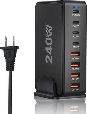 Jansicotek 240W GaN Fast Charger 8 Port USB Type C Phone Charger Quick Charge 3.0 Power Adapter For iPhone 15 14 13 Xiaomi Samsung Desk Charger - Black