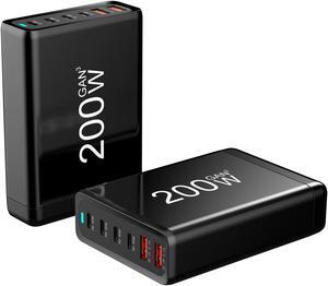Jansicotek 200W GaN Fast Charger 6-Port USB Type C Phone Charger Quick Charge 3.0 Power Adapter For iPhone 15 14 13 Xiaomi Samsung Desk Charger - Black