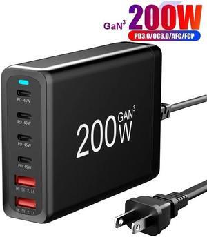 Jansicotek 200W USB Type C Charging Station Hub, 6-Port USB Desk Charger, 200 Watt GaN Fast Charger with Charger Power Strip Replaceable Plug Compatible for All Phones and Tablets