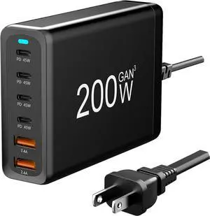Jansicotek 6-Prots USB C 200W Fast Charger QC3.0 USB PD3.0 Muti Ports GaN Charger Mobile Phone Quick Charging Type C Charging Station Hub for iPhone Xiaomi Samsung - Black