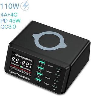 Jansicotek 110W USB C Charger 8 Ports Fast Charging Station with Wireless Charging Charger Desktop Adapter Support PD3.0 /PPS 45W /QC5 for MacBook,HP,Dell Laptops,Tablets,Phones etc