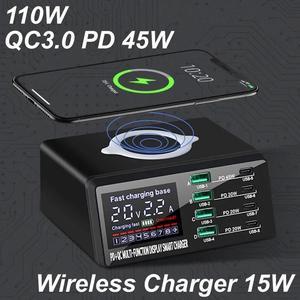 Jansicotek 110W 8-Port Desktop Charging Station + Wireless Charging, Multiple USB, Multi Port Travel Fast Charger Hub with LCD Digital Diaplay for Smart Phones, Tablet and More