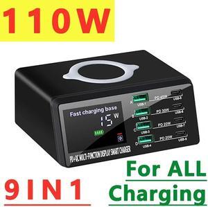 Jansicotek 110W Multiport USB Fast Charging Station 8 Port Travel/Portable Charger Hub USB C Charger Block with 4 USB C & QC 4 USB A and Wireless Charging for Cell Phone, Tablet, Multiple Devices