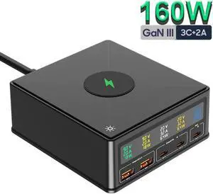Jansicotek 160W GaN USB Charger 5 Ports Fast Charging Station with Wireless Charging Charger Desktop Adapter Support PD3.0 /PPS 65W /QC5 for MacBook,HP,Dell Laptops,Tablets,Phones