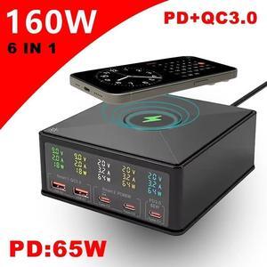 Jansicotek 160W 5-Port GaN Desktop Charging Station + Wireless Charging, Multiple USB, Multi Port Travel Fast Charger Hub with LCD Digital Diaplay for Smart Phones, Tablet and More