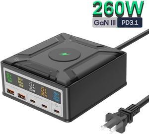Jansicotek 260W GaN USB Charger 5 Ports Fast Charging Station with Wireless Charging Charger Desktop Adapter Support PD3.1 /PPS 140W /QC5 for MacBook, Laptops,Tablets,Phones
