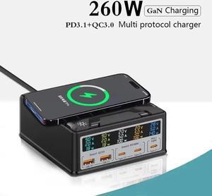 Jansicotek 260W GaN Multiport USB Fast Charging Station Portable Charger Hub USB C Charger Block with 3 USB C & 2 USB-A QC3.0 and Wireless Charging for Cell Phone, Tablet, Multiple Devices