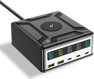 Jansicotek 260W 5-Port GaN USB Charging Station for Multiple Devices, 3 USB C & QC 2 USB A and Wireless Charging, USB C Fast Charging Dock Compatible with MacBook Phones iPad Kindle Tablets