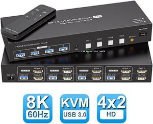 Jansicotek 8K HDMI KVM Switch 2 Monitors 4 Computers, 8K@60Hz Support Extended & Duplicate Mode with 4 USB 3.0 Hub, 8K@60Hz HDMI 2 Port HDMI KVM Switches, Plug and Play