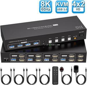 Jansicotek [2HDMI +USB] Dual Monitor KVM Switch HDMI2.1 Support 8K@60Hz, USB 3.0 HDMI KVM Switch 2 Monitors 4 Computers with Cables, Digital Display, Wired Remote