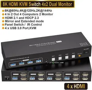 Jansicotek USB3.0 HDMI KVM Switch Dual Monitor, 8K@60Hz 2K@120Hz USB HDMI Extended Display Switcher for 4 Computers 2 Monitors and 4 USB 3.0 Ports Support Extended & Duplicate Mode