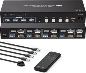 Jansicotek KVM Switch 2 Monitors 4 Computers [HDMI+DisplayPort +USB] , 8K@60Hz Dual Monitor HDMI DP KVM Switch for Extended & Duplicate Mode and USB3.0 Hub