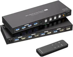 Jansicotek KVM Switch HDMI, 4 Port HDMI KVM Switch for 1 HD Monitor 4 Computers to Share 4 USB 3.0 Device Keyboard Mouse Printer, Support 8K@60Hz, Included 4 USB Cables, Wired Controller