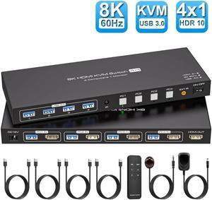 Jansicotek HDMI KVM Switch 1 Monitor 4 Computers4 Port HDMI kvmusb3.0 4 Computers Sharing 1 Monitor HDMI 2.1 8K@60Hz 4K@60Hz 4K@144Hz 4K@175Hz with Wired Controller
