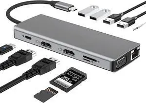 Jansicotek USB C Hub, Dual HDMI Docking Station Triple Display 12 in 1 USB C Laptop Adapter with 2x HDMI PD3.0 ,4 USB SD TF Card Reader Gigabit Ethernet Audio for MacBook Pro/Air/M1/M2 & Windows