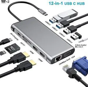 Jansicotek USB C Docking Station Triple Monitor,USB C Laptop Hub Multiport Adapter Dongle Dock Docking Station 3 Monitors with Dual 4K HDMI,VGA,100W PD,4 USB Ports,Ethernet,TF/SD,Audio