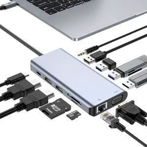 Jansicotek USB C Docking Station Triple Monitor for Dell HP, USB C Hub HDMI Adapter Docking Station 3 Monitors Thunderbolt 3/4 to 2 HDMI,VGA,Ethernet,4 USB,PD,SD/TF, Audio, Laptop Docking Station