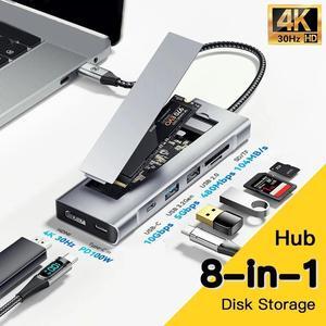 Jansicotek 8 in 1 USB C Docking Station with M.2 NVMe/SATA SSD Enclosure, 4K HDMI, 10Gbps USB C, 100W PD-A, 10Gbps USB 3.2, USB-A, SD/TF Card Reader for Laptop, MacBook Pro/Air/Mac/Universal Hub