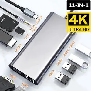 Jansicotek 11 in 1 USB C Docking Station Hub , USB C to 4K HDMI, VGA, RJ45, USB 3.0, 3*USB 2.0 Ports, 100W USB-C PD, 3.5mm Aux Ports,USB Extender Hub for PC Laptop,MacBook PC iMac Pro Air, Notebook