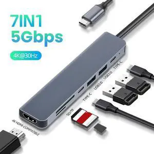 Jansicotek USB C Hub for Laptop 7 in 1 USB C Dongle 4K HDMI, 100W PD Charging, USB-C & 2*USB-3.0 5Gbps Data Ports, SD/TF Card Reader for MacBook Pro/Air, iPad Pro, and Other Type C Laptops