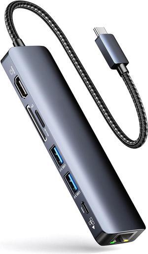 Jansicotek 7-in-1 USB Hub with 2xUSB3.0, 1x100W PD & 1Gbps Rj45 Network, SD/TF, 4K HDMI Multiple Ports USB Splitter for MacBook Air iMac Surface Chromebook Windows macOS Linux Laptop