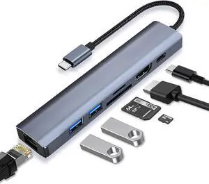 Jansicotek USB-C to Ethernet Adapter, 7-in-1 Portable Data Hub USB Splitter USB 3.0 Expander with 4K HDMI, 2*USB3.0, 1Gbps LAN, SD/TF Card Readers, 100W PD Support Windows, Mac OS, Surface Pro
