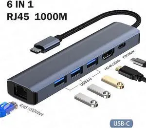 Jansicotek USB-C to Ethernet Adapter, 6-in-1 Portable Data Hub USB Splitter USB 3.0 Expander with 4K HDMI, 3*USB3.0, 1Gbps LAN, 100W PD Support Windows, Mac OS, Surface Pro