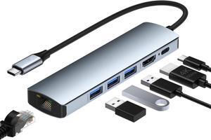 Jansicotek 6-in-1 USB Hub with 3xUSB3.0, 1x100W PD & 1Gbps Rj45 Network, 4K HDMI Multiple Ports USB Splitter for MacBook Air iMac Surface Chromebook Windows macOS Linux Laptop