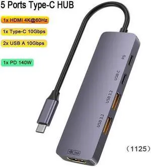 Jansicotek USB C Docking Station, 5-in-1 OTG USB C 3.2 Hub Multiport Adapter Dongle with 2*USB A 3.2 Ports, USB 3.2 Gen 2, 4K@60Hz HDMI, 140W Power Delivery, Compatible with Laptop/Tablet/Smart Phone