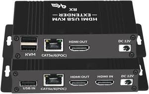 HDMI KVM USB Extender with PoC Over Cat5/Cat5e/Cat6 HDMI to RJ45 Support 1080p Video Lossless No Latency, 60m 196ft HDMI USB Transmitter and Receiver