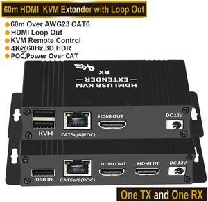 HDMI KVM USB Extender 1080P Over Cat5e/6 Ethernet Cable 60m (196ft) for Mouse and Keyboard Control Remote Signals
