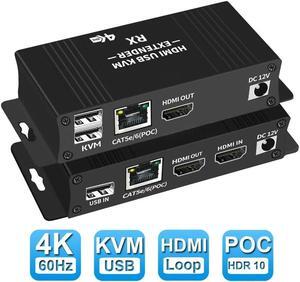 USB KVM and HDMI Over Cat5/Cat5e/Cat6 Extender  196ft Extension, 1080p HDMI Video, 2X USB Keyboard/Mouse, Near Zero Latency, HDMI Loopout, ESD Protection, Transmitter and Receiver