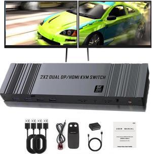 Jansicotek 4K 120Hz HDMI + DisplayPort KVM Switch 2 Monitors 2 Computers, 2 Port Monitors Switcher for 2 Computers Share 2 Monitors and Keyboard Mouse with USB3.0 Port,8K@60 Resolution