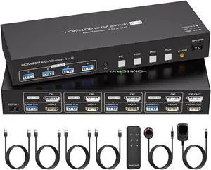Jansicotek 4 Computers 2 Monitors HDMI+DisplayPort KVM Switch 4K@60Hz, , Digital Display and Aluminum Shell, 4 X USB 3.0 Hub Support Extended & Duplicate Mode