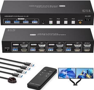 Jansicotek [HDMI+DisplayPort +USB] Dual Monitor KVM Switch HDMI2.0 DP1.4 Support 4K@60Hz, USB 3.0 HDMI DP KVM Switch 2 Monitors 4 Computers with Cables, Digital Display, Wired Remote